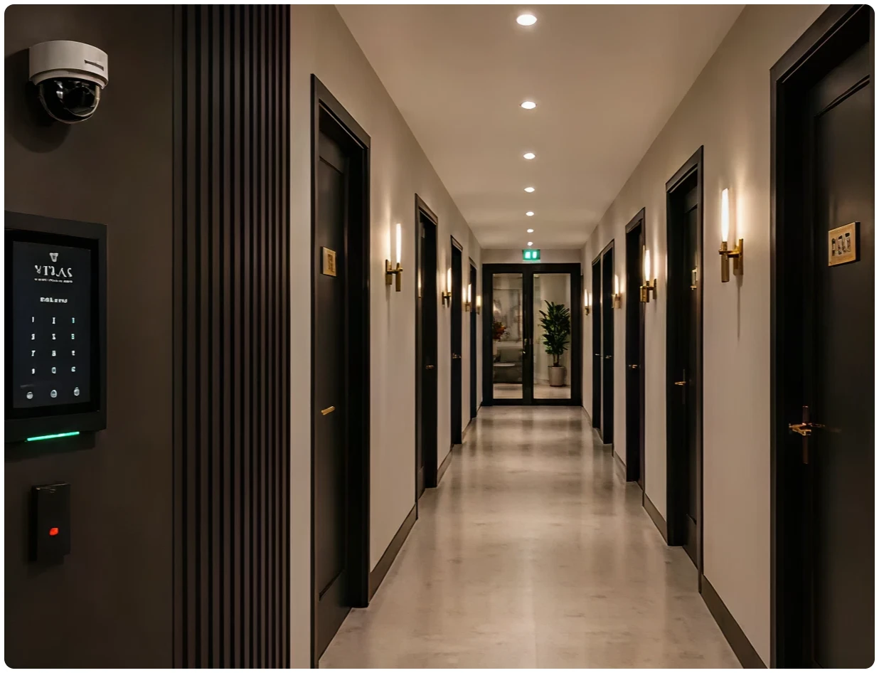 Hotel corridor featuring digital keypad system